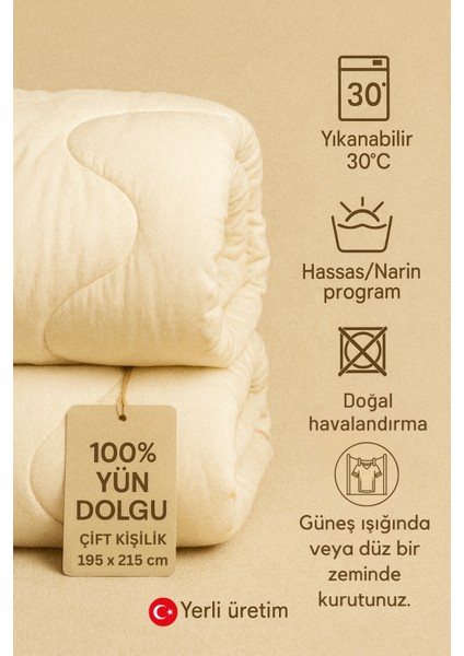 %100 Doğal Merinos Kuzu Yününden Çift Kişilik Yün Yorgan, 195x215 cm fırsatları