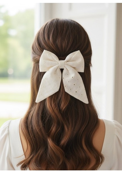 Fisto El Yapımı Krem Yoğun Desenli Otomatik Fiyonk Toka Özel Tasarım, Kına Nikah Kadin Toka