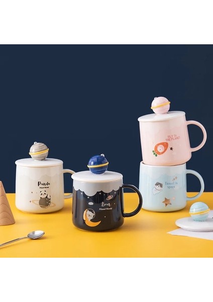 Mavi gezegen Figürlü Seramik Kupa -Planet uzay bardak-Kapaklı kaşıklı