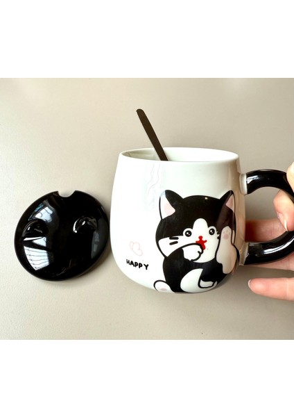 Kedi Figürlü Seramik Kupa-Happy 3boyutlu Kupa-Cat Kulaklı Seramik kapak-Kaşıklı