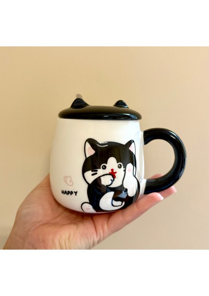 Kedi Figürlü Seramik Kupa-Happy 3boyutlu Kupa-Cat Kulaklı Seramik kapak-Kaşıklı modelleri