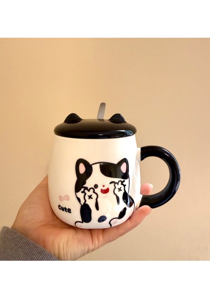 Kedi Figürlü Seramik Kupa-Cute 3boyutlu Kupa-Cat Kulaklı Seramik kapak-Kaşıklı fiyatları