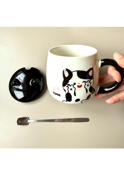 Kedi Figürlü Seramik Kupa-Cute 3boyutlu Kupa-Cat Kulaklı Seramik kapak-Kaşıklı modelleri