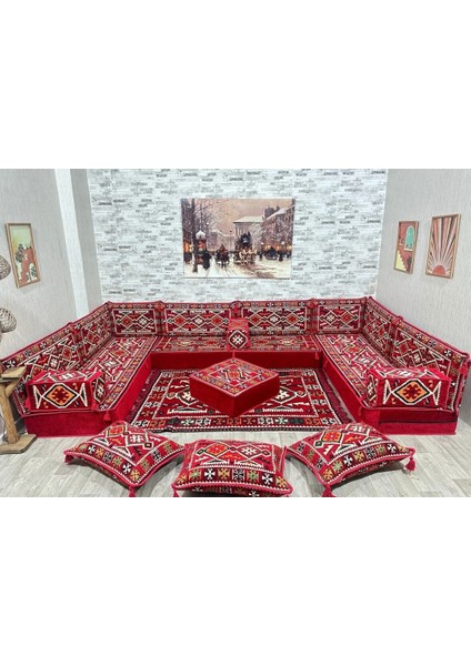 Şark Köşesi Anadolu Desenli Minder Takımı Konsept Kırmızı 19 Parça