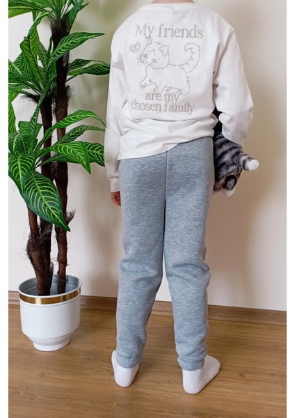 Okul ve Gündelik Çocuk Gri Kışlık 3 Iplik Içi Tüylü Paçası Lastikli Eşofman Altı