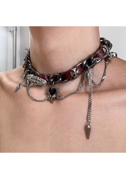 Yeni Perçin Metal Deri Yaka Crockpunk Aşk Kız Kültür Niş Kolye (Yurt Dışından)