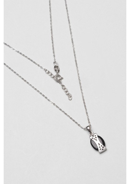 Oniks Taşlı 18 Ayar Beyaz Altın Kaplama 43 cm Gümüş Kolye