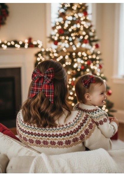 El Yapımı Anne Kız Kırmızı Ekose Yılbaşı Fiyonk Toka, Özel Kırmızı Yılbaşı Tokası
