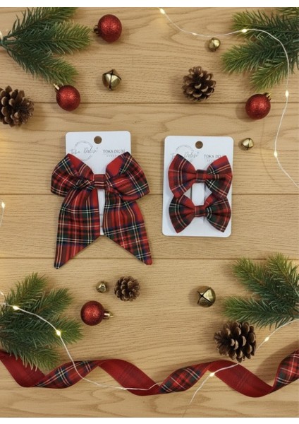 El Yapımı Anne Kız Kırmızı Ekose Yılbaşı Fiyonk Toka, Özel Kırmızı Yılbaşı Tokası fiyatları