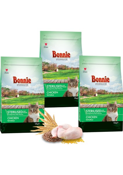 Bonnıe Kısırlaştırılmış Tavuklu Kedi Maması 1,5 kg x 3