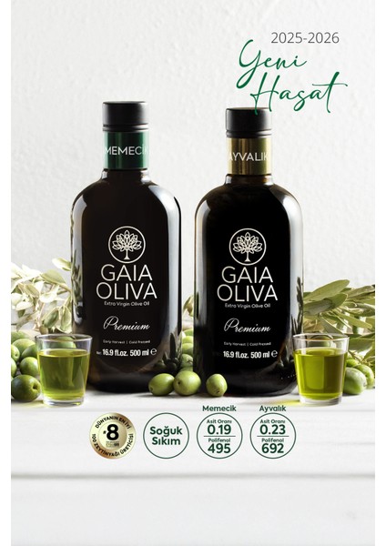 2li Premium Ayvalık ve Premium Memecik 500 ml Erken Hasat Natürel Sızma Zeytinyağı (Yeni Hasat)