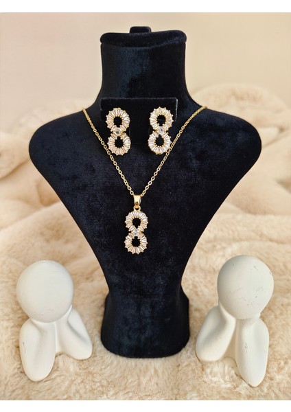 Zirkon Taşlı Sonsuzluk Sembolü Çelik Kolye & Küpe Seti