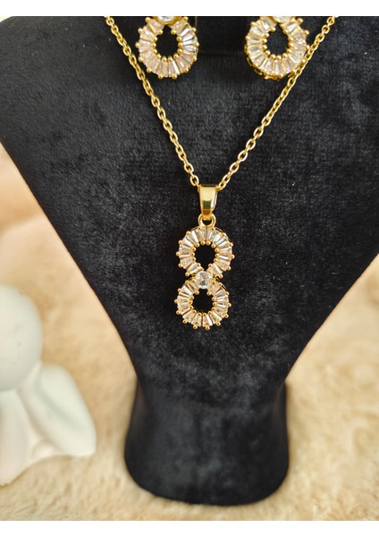 Zirkon Taşlı Sonsuzluk Sembolü Çelik Kolye & Küpe Seti