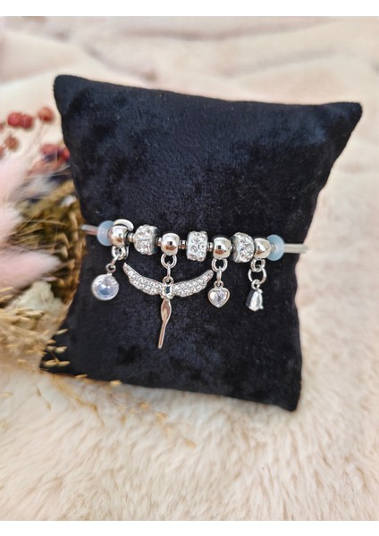 Charmlı Çelik Melek Detaylı Silver Bileklik