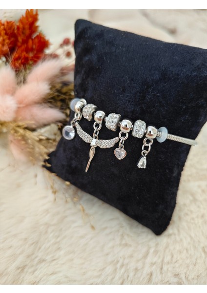 Charmlı Çelik Melek Detaylı Silver Bileklik fırsatları