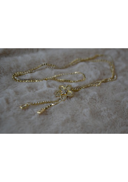 316L Çelik Zirkon Taşlı Çiçek Detaylı Asansör Kolye ( Ayna Hediyeli)