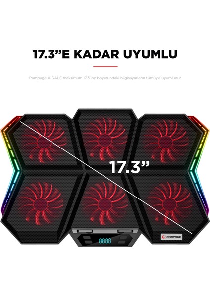 AD-RX44 X-GALE 6 Fanlı 12 RGB Işık Modlu 7 Kademe Standlı LCD Göstergeli Notebook Soğutucu modelleri