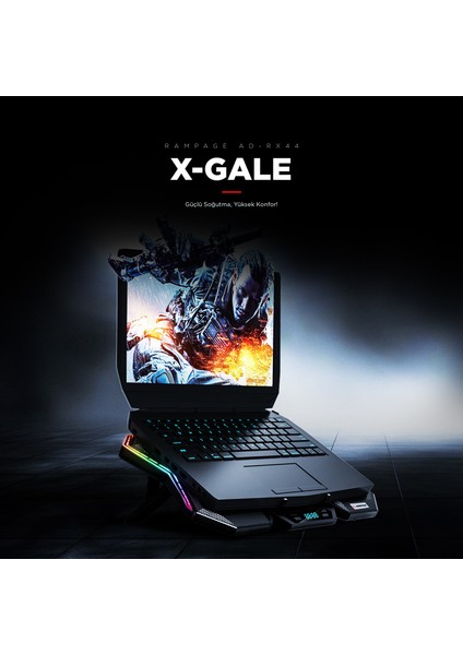 AD-RX44 X-GALE 6 Fanlı 12 RGB Işık Modlu 7 Kademe Standlı LCD Göstergeli Notebook Soğutucu
