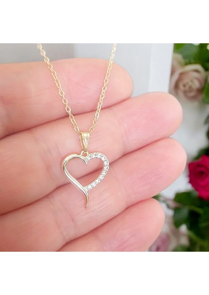 Kadın Kolye – Gold Kaplama Beyaz Zirkon Taşlı Kalp Kolye, Kararmaz Çelik