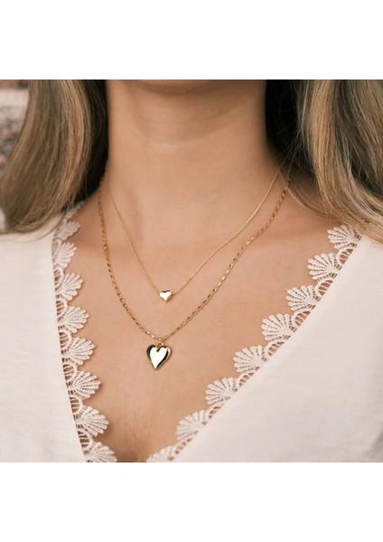 Kadın Kolye – Çelik Kalp Tasarımlı Ikili Kolye, Altın Kaplama Paslanmaz Çelik Tasarım