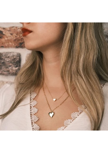 Kadın Kolye – Çelik Kalp Tasarımlı Ikili Kolye, Altın Kaplama Paslanmaz Çelik Tasarım fiyatları