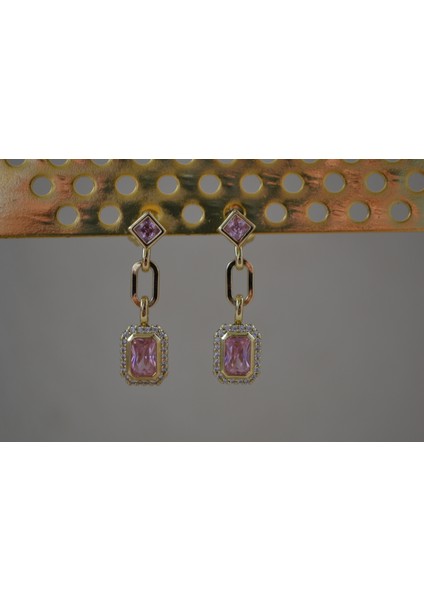 Zarif Pembe Taşlı Gold Çelik Küpe