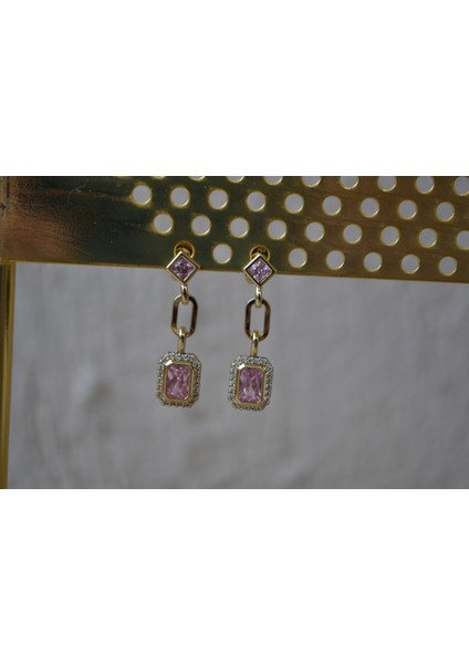 Zarif Pembe Taşlı Gold Çelik Küpe fırsatları