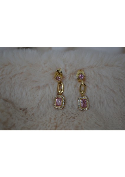 Zarif Pembe Taşlı Gold Çelik Küpe