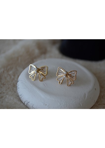 Gold Kurdele Temalı Inci Taşlı Çelik Küpe modelleri