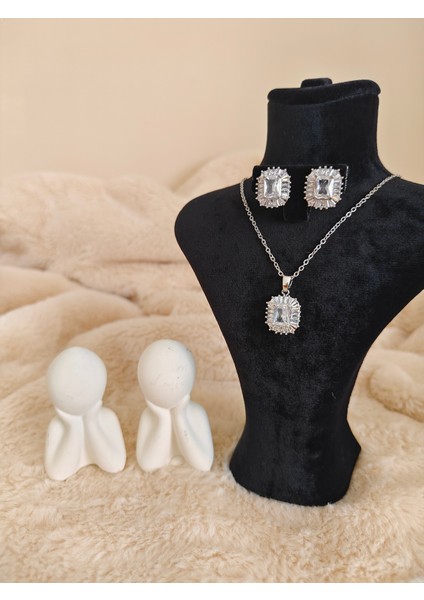 Zirkon Taşlı Çelik Kolye Küpe Seti