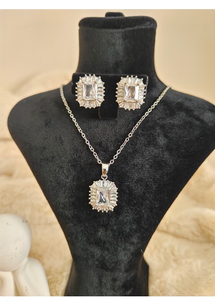 Zirkon Taşlı Çelik Kolye Küpe Seti fırsatları