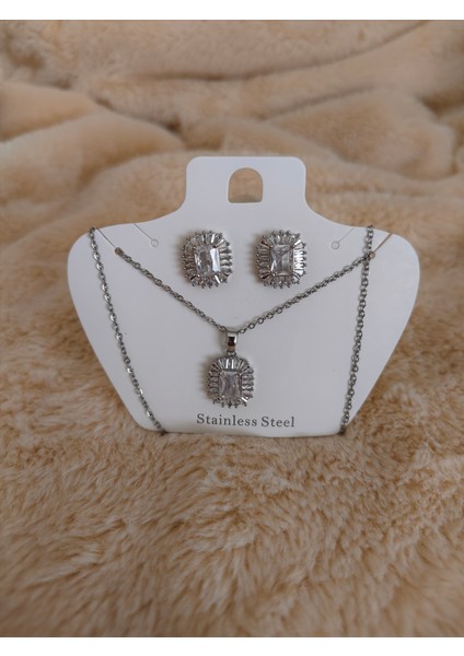 Zirkon Taşlı Çelik Kolye Küpe Seti indirimleri