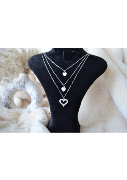 3'lü Çelik Silver Kalp Kolye