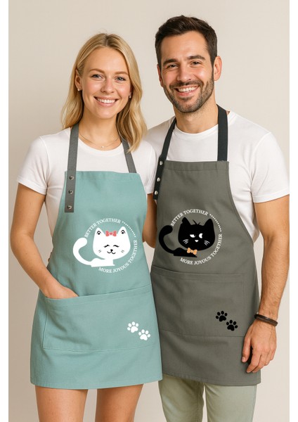 Kumaş Mutfak Önlüğü Seti 2'li Leke Tutmaz Su Itici %65 Pamuk %35 Polyester Siyah Kedi - Beyaz Kedi Önlük