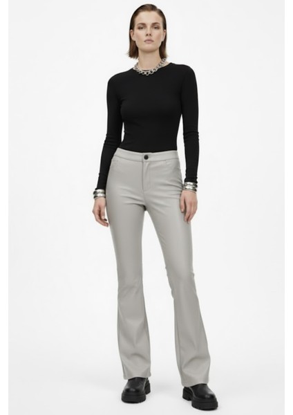 Gri Kadın Ispanyol Paça Deri Pantolon fiyatları