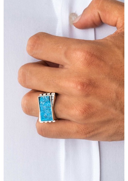 Triton'un Zırhı Turkuaz Taşlı Gümüş Erkek Yüzük fiyatları