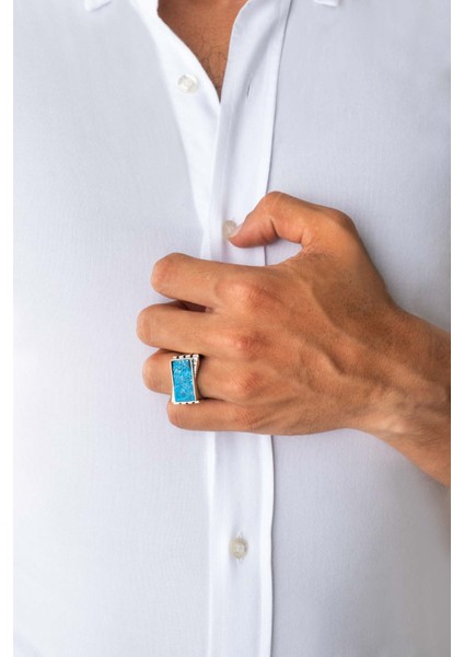 Triton'un Zırhı Turkuaz Taşlı Gümüş Erkek Yüzük fırsatları