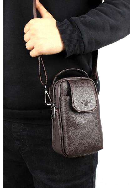 Erkek Kahverengi Kapaklı Çok Bölmeli El ve Omuz Çantası