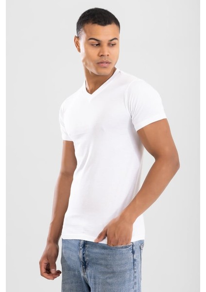 Erkek V Yaka Pamuklu Fanila Tişört Beyaz
