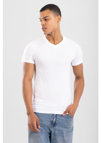 Erkek V Yaka Pamuklu Fanila Tişört Beyaz indirimleri