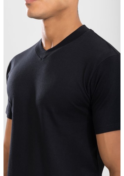 Erkek V Yaka Pamuklu Fanila Tişört Siyah