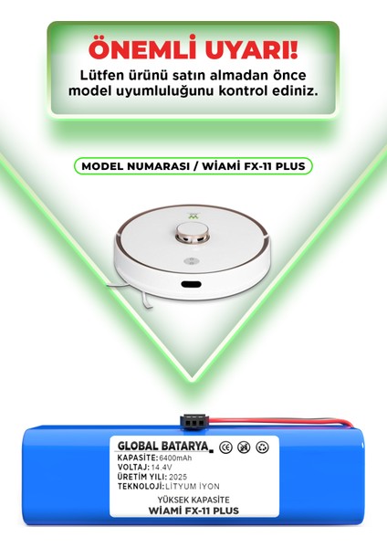 Wiami Fx-11 Plus Akıllı Robot Süpürge Bataryası 14.4v 6400mAh Li-ion Pil (Yüksek Kapasite) indirimleri