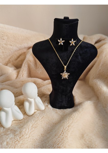 Yıldız Formlu Zirkon Taşlı Çelik Altın Renk Kolye Küpe Seti fiyatları