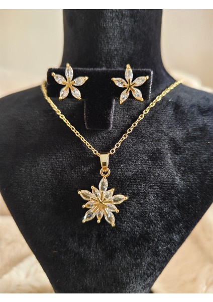 Yıldız Formlu Zirkon Taşlı Çelik Altın Renk Kolye Küpe Seti indirimleri