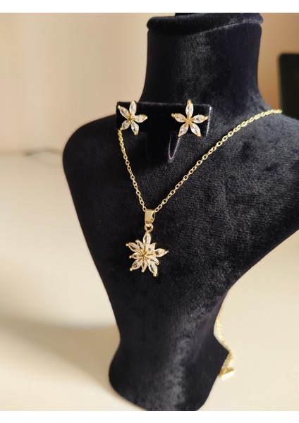 Yıldız Formlu Zirkon Taşlı Çelik Altın Renk Kolye Küpe Seti