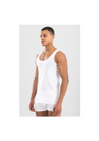 Erkek Pamuklu Slim Fit Düz Klasik Ribana Atlet Beyaz