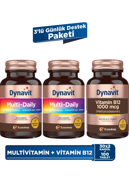 MultiDaily 30 Kapsül x2 & Vitamin B12 1000 mcg 100 Tablet - 3'lü Günlük Destek Paketi