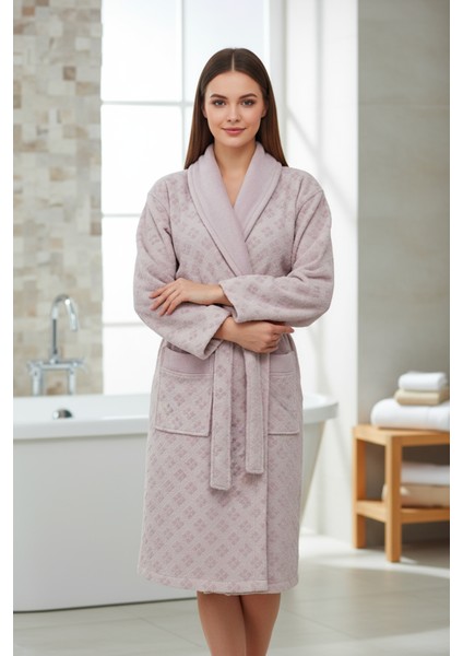 Kadife Jakarlı Kadın Bornoz Hazelnut L