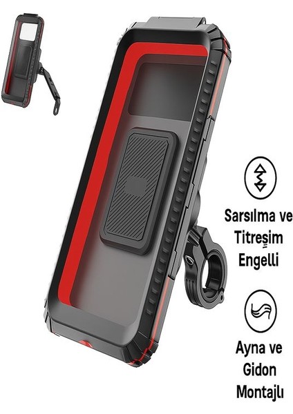 Su Geçirmez Motosiklet Ayna Gidon/Direksiyon Montajlı Telefon Tutucu Titreşim Önleyici - PRO