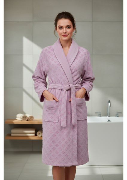 Kadife Jakarlı Kadın Bornoz Pembe L